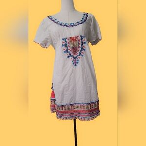 Purple Hearts Bohemia Embroide‎ Sleeve Mini Sundress with Crew Neck